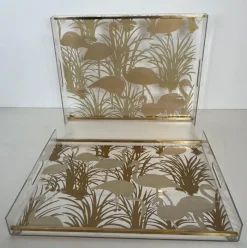 Pamono Acrylic Glass and Brass Trays with Gilded Bird Decor, Set of 2><noscript><img width=