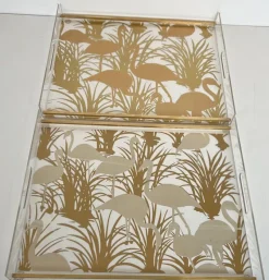 Pamono Acrylic Glass and Brass Trays with Gilded Bird Decor, Set of 2><noscript><img width=