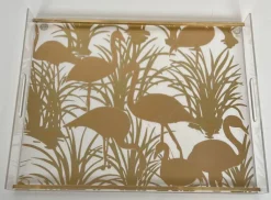 Pamono Acrylic Glass and Brass Trays with Gilded Bird Decor, Set of 2><noscript><img width=
