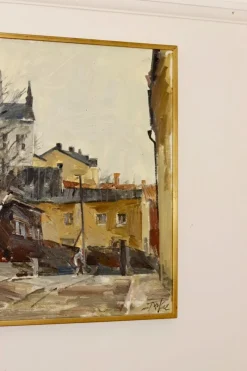 Pamono Adrian Van Arkel, Stockholm City Scene, 1960s, Oil on Canvas, Framed><noscript><img width=