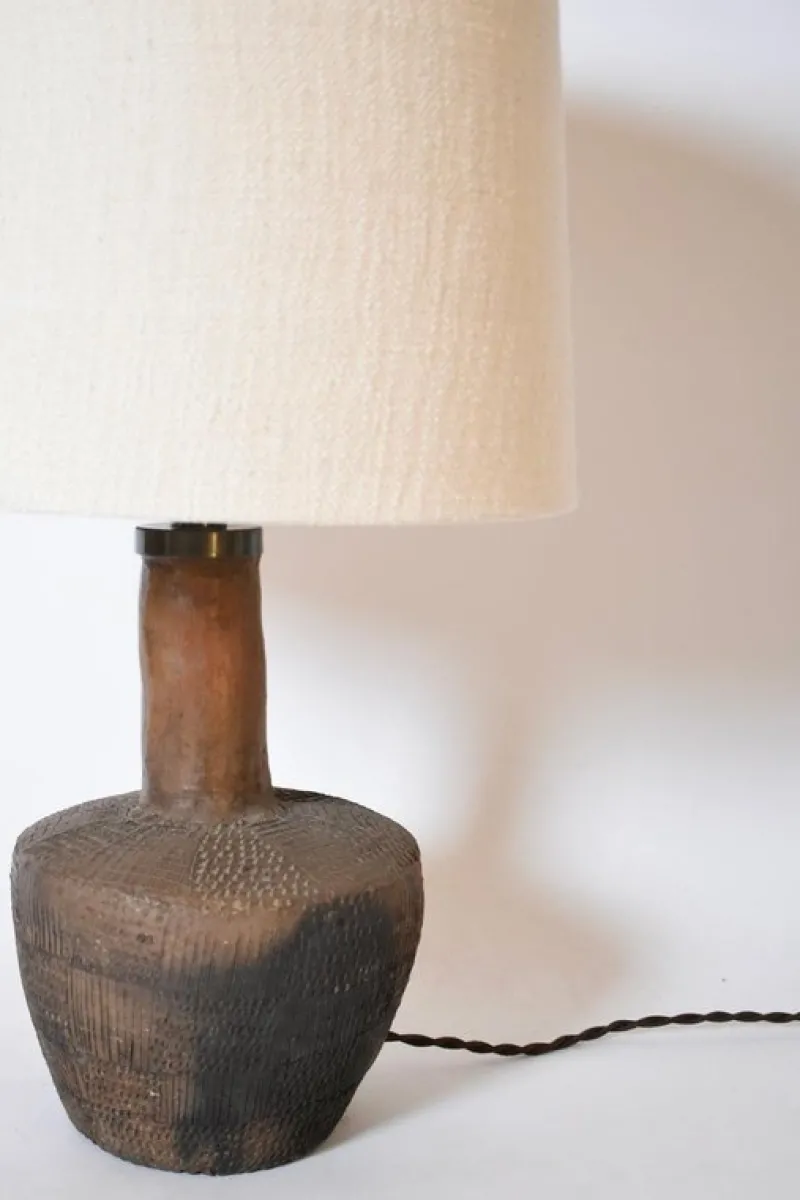 Pamono African Brown Ceramic Lamp with Geometric Pattern, 1970s