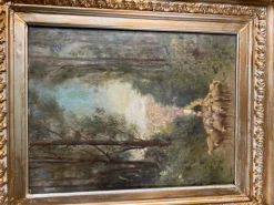Online Pamono After Barbizon, Shepherd and His Flock in the Forest, 19th Century, Painting on Panel, Framed