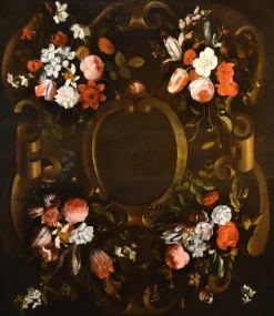 Pamono After Frans Van Everbroeck, Garland of Flowers Still Life, 1670, Oil on Canvas, Framed> Old Masters