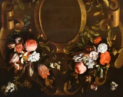 Pamono After Frans Van Everbroeck, Garland of Flowers Still Life, 1670, Oil on Canvas, Framed><noscript><img width=
