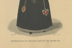 Pamono After Louis Marie Lanté, Maiden in Mask, Court Lady of Henry III, 1900, Handcoloured Engraving> Prints & Multiples