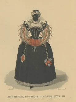 Pamono After Louis Marie Lanté, Maiden in Mask, Court Lady of Henry III, 1900, Handcoloured Engraving><noscript><img width=