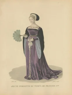 Pamono After Louis Marie Lanté, Young Lady of the Time of Francis I, Handcoloured Engraving, 1900> Prints & Multiples
