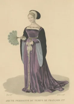 Pamono After Louis Marie Lanté, Young Lady of the Time of Francis I, Handcoloured Engraving, 1900><noscript><img width=