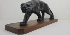 Pamono After S. Melani, Art Deco Black Panther Sculpture, 1930s, Plaster on Wood Base><noscript><img width=