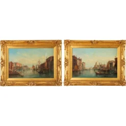 New Pamono Alfred Pollentine, Grand Canal Venice, 19th Century, Antique Oil Paintings, Framed Set of 2