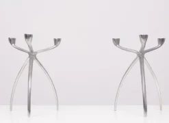 Pamono Aluminum 3 Arms Spider Candleholders from De Bijenkorf, 1970s, Set of 2><noscript><img width=