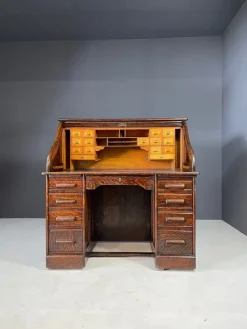 Pamono American Oak Roll-Top Desk, Czechoslovakia, 1930s><noscript><img width=