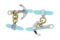 Clearance Pamono Anchor-Shaped Cufflinks in White and Yellow Gold with Diamonds and Turquoises, Set of 2