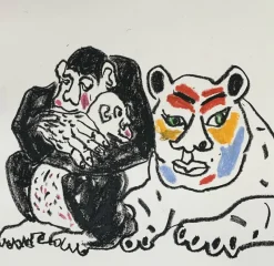 Sale Pamono Andrzej Fogtt, Monkey with a Baby and a Tiger, 2019, Pastel & Paper