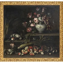 Pamono Angelo Maria Rossi, Still Life with Vase of Flowers, Game, Mushrooms and Vegetables, 1600s, Oil on Canvas, Framed> Old Masters