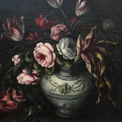Pamono Angelo Maria Rossi, Still Life with Vase of Flowers, Game, Mushrooms and Vegetables, 1600s, Oil on Canvas, Framed><noscript><img width=