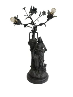 Pamono Antique Antimony Table Lamp with Female Figure, Early 20th Century> Table Lamps