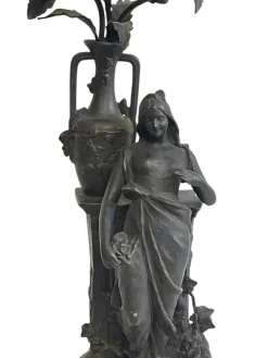 Pamono Antique Antimony Table Lamp with Female Figure, Early 20th Century> Table Lamps