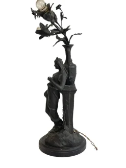 Pamono Antique Antimony Table Lamp with Female Figure, Early 20th Century><noscript><img width=