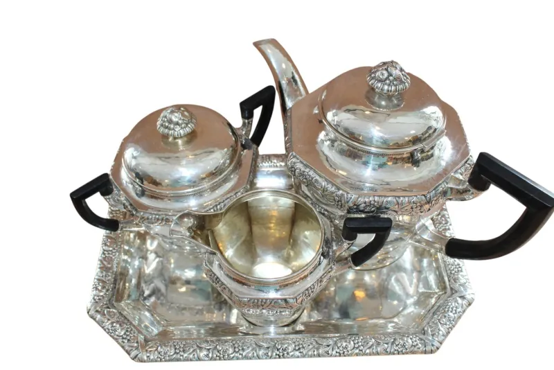 Pamono Antique Art Deco Silver Tea Service by Laurits Berth, Set of 4> Coffee & Tea Service