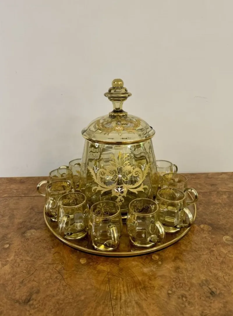 Online Pamono Antique Bohemian Glass Punch Bowl Set, 1900, Set of 12