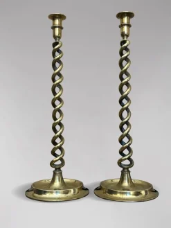 Best Pamono Antique Brass Barley Twist Candlesticks, 1880, Set of 2