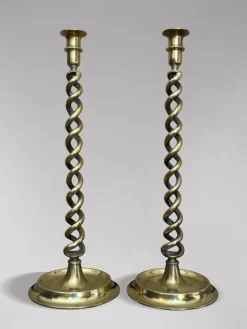 Best Pamono Antique Brass Barley Twist Candlesticks, 1880, Set of 2
