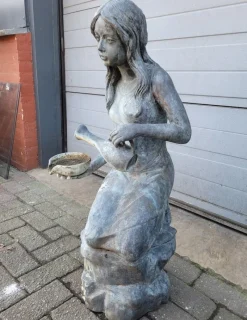 Pamono Antique Bronze Fountain Statue of Woman with Water Jug><noscript><img width=