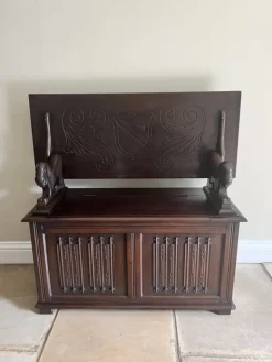 Hot Pamono Antique Carved Oak Monks Bench, 1920s
