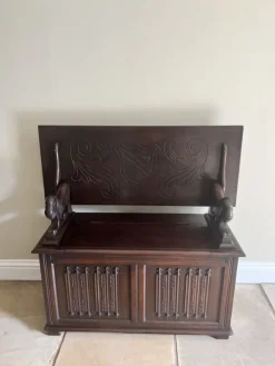 Hot Pamono Antique Carved Oak Monks Bench, 1920s