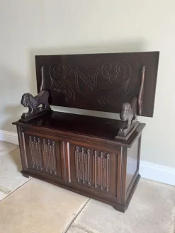 Hot Pamono Antique Carved Oak Monks Bench, 1920s