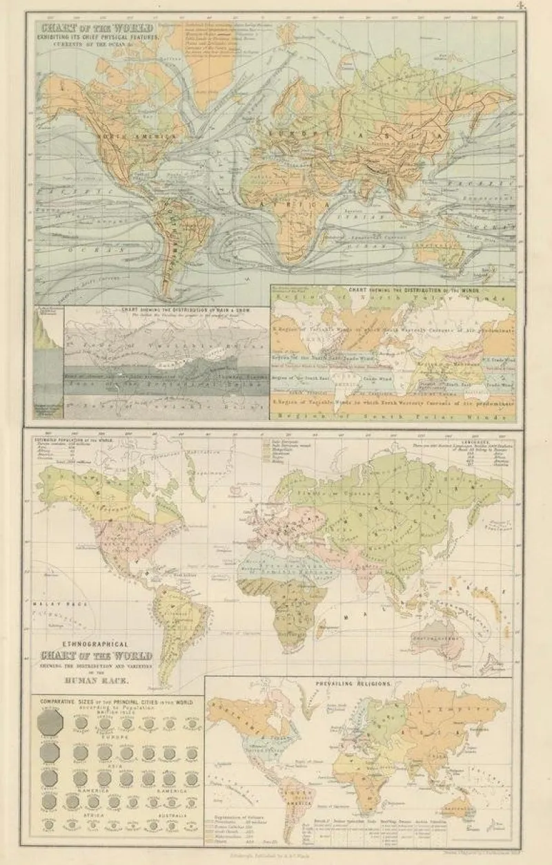 Pamono Antique Charts of the World Physical, 1884> Wall Decor