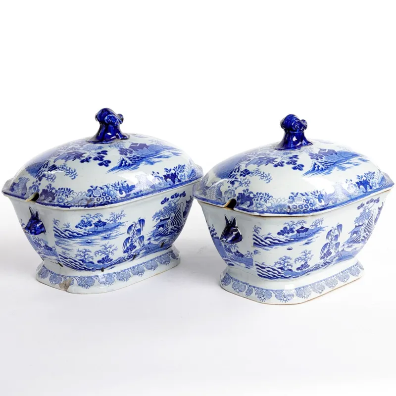 Outlet Pamono Antique Chinese Blue and White Tureens from Patent Ironstone, Set of 2
