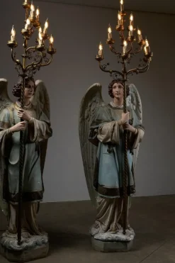 Sale Pamono Antique Church Angel Candleholders with Brass Chandeliers, 19th Century, Set of 2