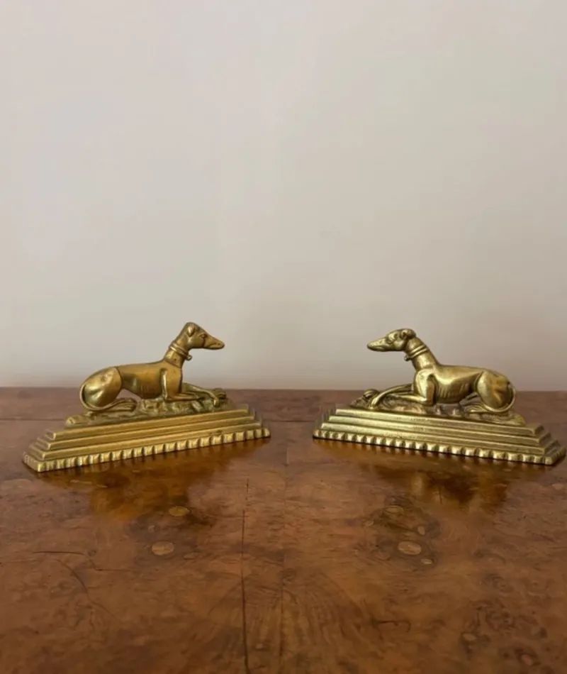 Pamono Antique Edwardian Brass Greyhound Fire Dogs, 1900, Set of 2> Fireplaces And Mantels