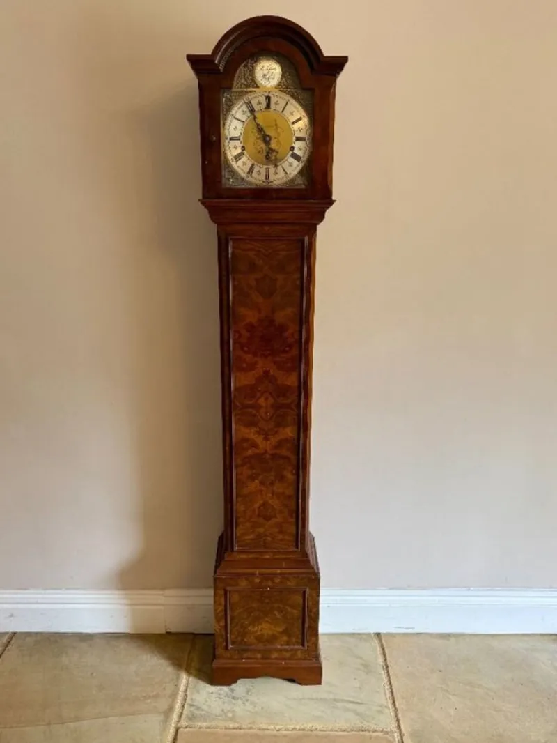 Pamono Antique Edwardian Grandmother Clock in Burr Walnut by Mappin and Webb, 1900> Clocks