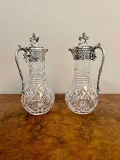 Pamono Antique Edwardian Silver Plated Claret Jugs, 1900, Set of 2><noscript><img width=