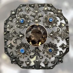Sale Pamono Antique Edwardian Silver 925, Marcasite, Glass and Stone Brooch