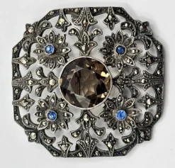 Sale Pamono Antique Edwardian Silver 925, Marcasite, Glass and Stone Brooch