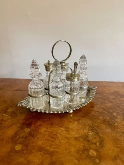 Pamono Antique Edwardian Silver-Plated Bottle Cruet Set, 1900, Set of 7> Dinnerware Accessories