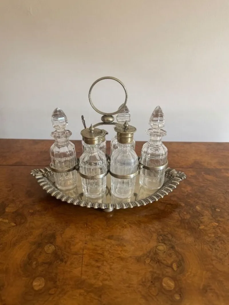 Pamono Antique Edwardian Silver-Plated Bottle Cruet Set, 1900, Set of 7> Dinnerware Accessories
