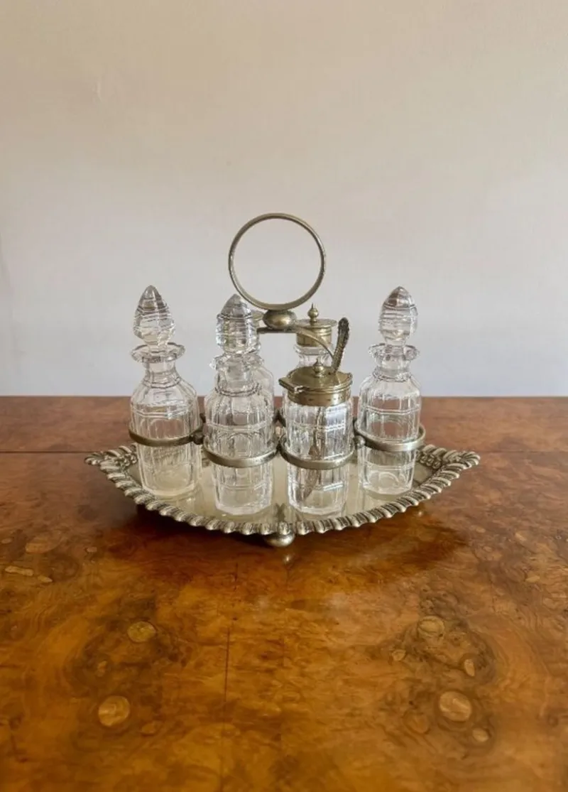 Pamono Antique Edwardian Silver-Plated Bottle Cruet Set, 1900, Set of 7> Dinnerware Accessories