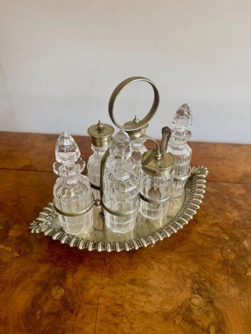 Pamono Antique Edwardian Silver-Plated Bottle Cruet Set, 1900, Set of 7> Dinnerware Accessories