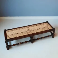 Pamono Antique English Foot Bench with Rattan, 1920s><noscript><img width=