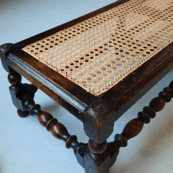 Pamono Antique English Foot Bench with Rattan, 1920s><noscript><img width=