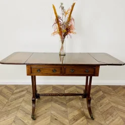 Pamono Antique English Mahogany Drop-Leaf Stretcher Table on Castors, 19th Century> Console Tables