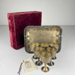 Pamono Antique English Silver Plated Glasses and Tray, 1890s, Set of 8><noscript><img width=