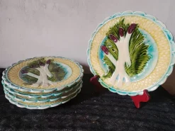 New Pamono Antique French Asparagus Barbotine Plate from Salins, 1900s, Set of 5