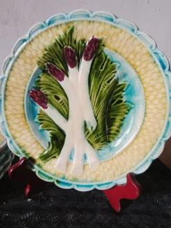 New Pamono Antique French Asparagus Barbotine Plate from Salins, 1900s, Set of 5