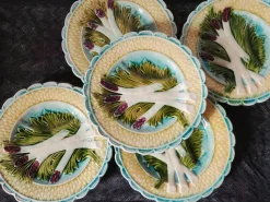 New Pamono Antique French Asparagus Barbotine Plate from Salins, 1900s, Set of 5